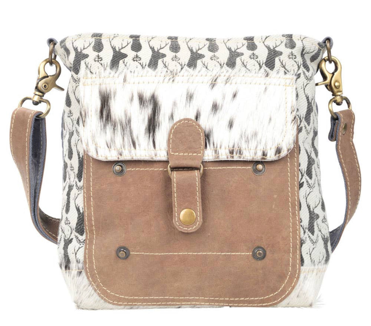 Deer Print Canvas Shoulder Bag with Cowhide Pocket