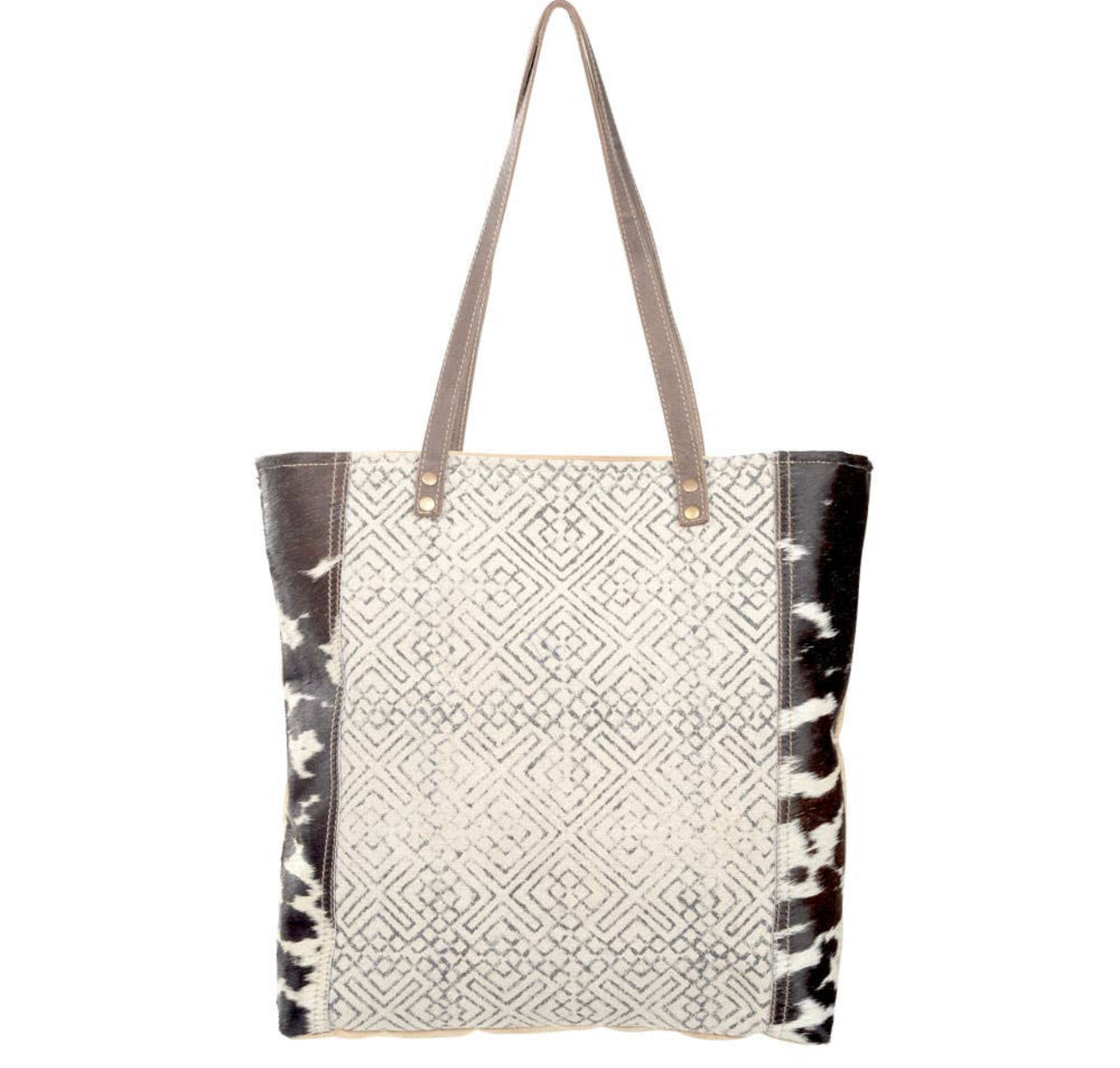 Geometric Front Panel Tote Bag with Cowhide
