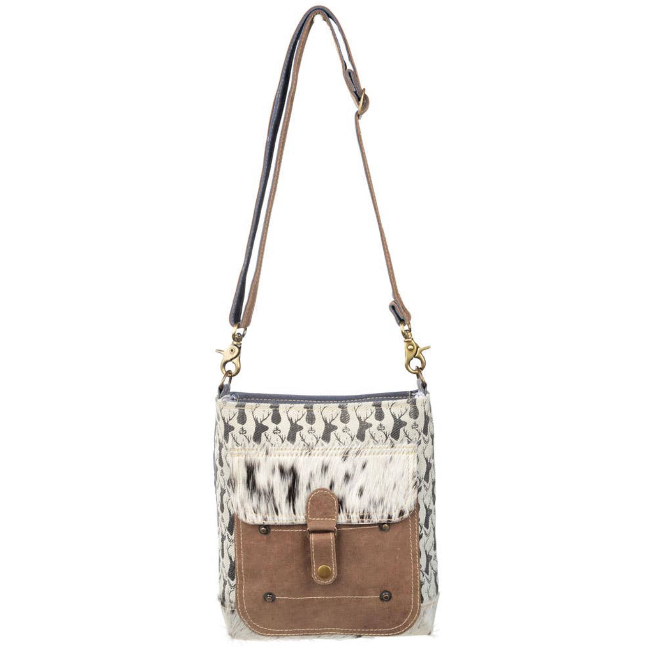 Deer Print Canvas Shoulder Bag with Cowhide Pocket