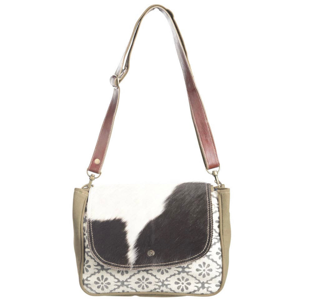 Flower Pattern Recycled Rug w/ Cowhide Crossbody