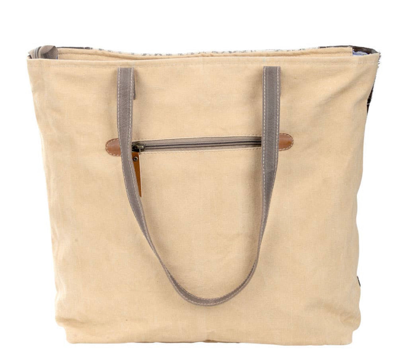 Geometric Front Panel Tote Bag with Cowhide