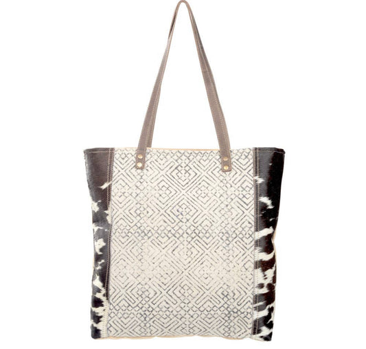 Geometric Front Panel Tote Bag with Cowhide
